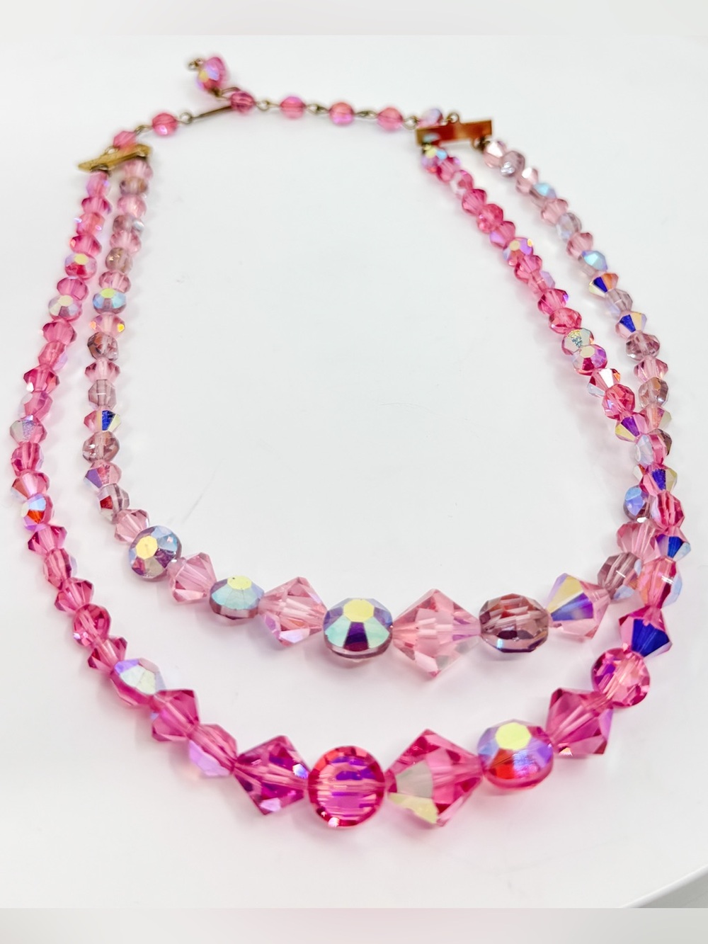 Vintage Double Strand Pink AB Crystal Necklace 1950s Aurora Borealis
